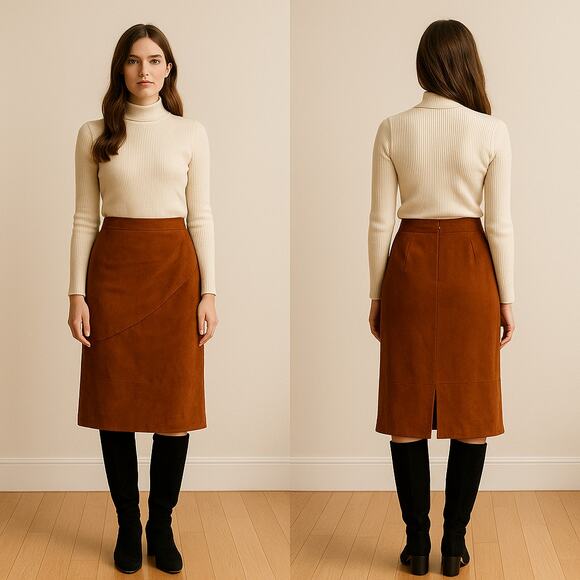 Vintage 80s-90s Linda Allard for Ellen Tracy Suede Pencil Skirt Rust Brown (10) - Picture 1 of 6